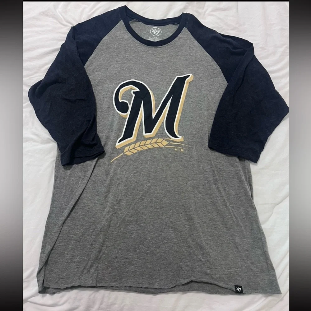 MLB Milwaukee Brewers Gray and Navy Raglan Long Sleeve Tee - Picture 1 of 4